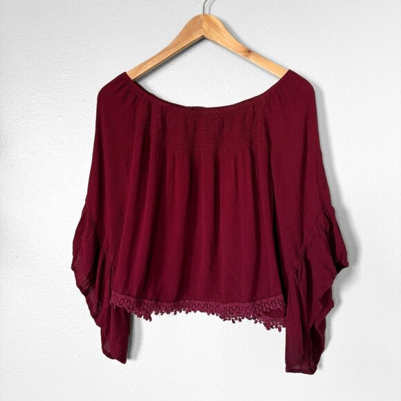 Chelsea & Violet Off-the-Shoulder Burgundy Blouse Bell Sleeve Womens XS Boho Y2K - Picture 1 of 16